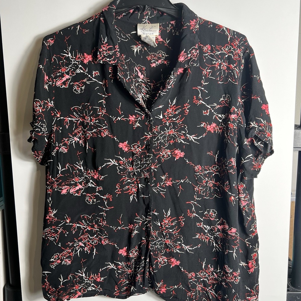 Vintage Kathie Lee Women Black Red‎ Floral Blouse Button Front SS Sz 26/28W
